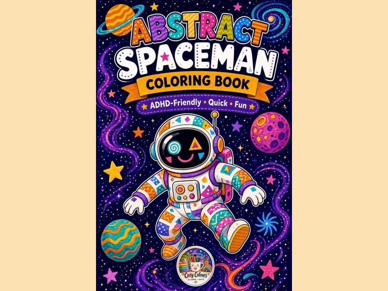 Abstract Spaceman colouring book cover with a cute astronaut and planets