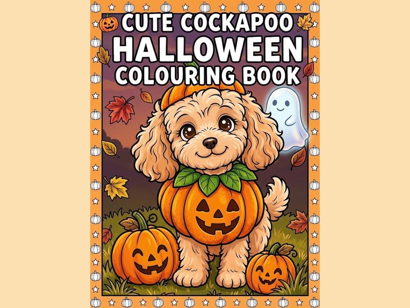 Cute Cockerpoo Halloween colouring book cover with fluffy cockapoos