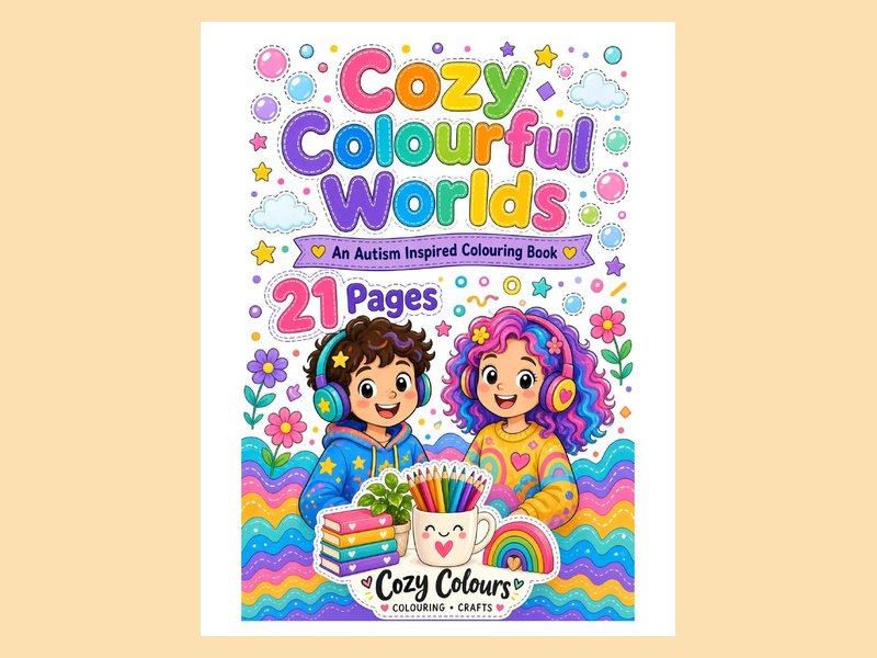 Cozy Colourful Worlds colouring book page flip cover