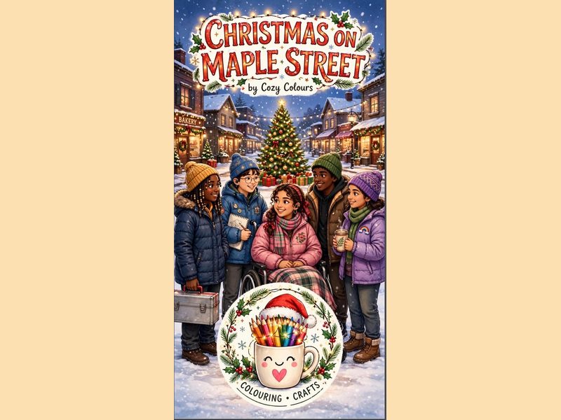 Christmas on Maple Street teen colouring book cover with friends and Christmas lights